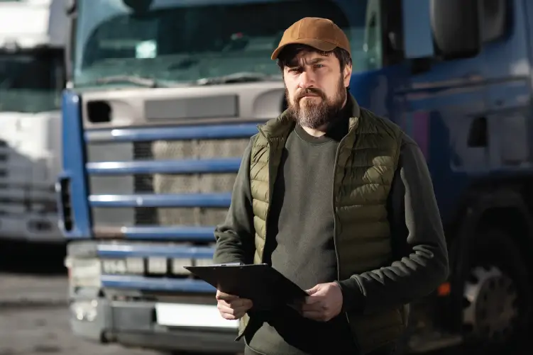 A trucking professional holding a clipboard, standing in front of a large truck at a freight yard, ensuring efficient logistics operations.