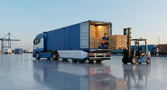  A blue semi-truck with an open shipping container full of boxes, surrounded by more stacked boxes and a forklift, with a large globe in the background.