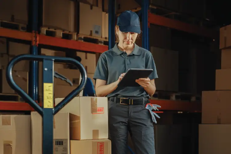 A warehouse worker using a tablet to manage freight logistics for Melbourne to Sydney delivery.