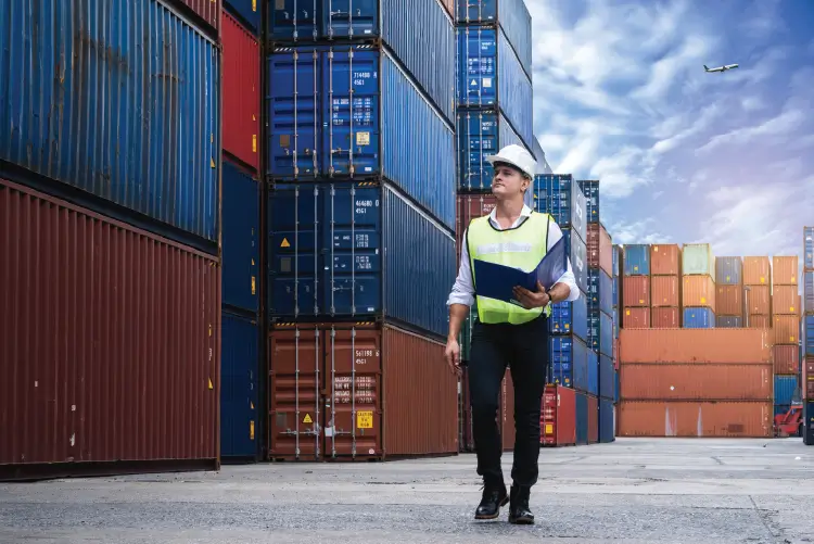 A logistics professional inspecting stacked containers at a freight yard, ensuring smooth transport operations.