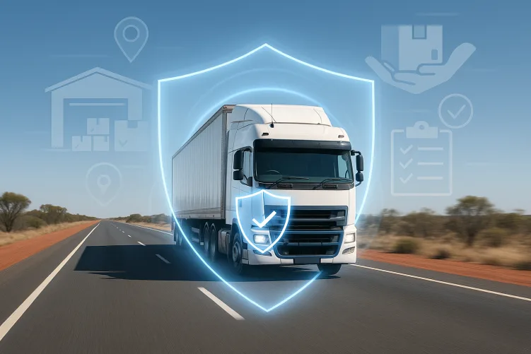 Image symbolizing secure freight transportation, featuring a large truck surrounded by a protective digital shield, with various supply chain and logistics icons floating around it.