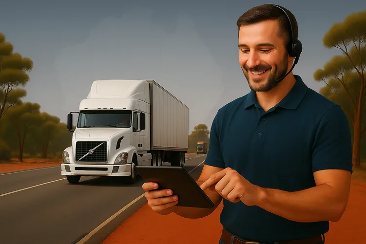 A smiling man wearing a headset and holding a tablet, standing on the side of a road with a large white semi-truck in the background, suggesting fleet management or communication in logistics.