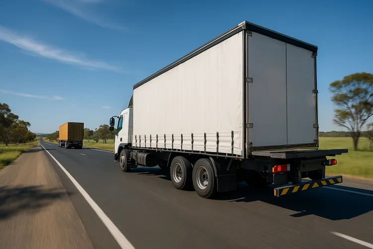 Image of a commercial truck with a white canvas side body, moving down a road in a landscape, suggesting intercity or regional transport.