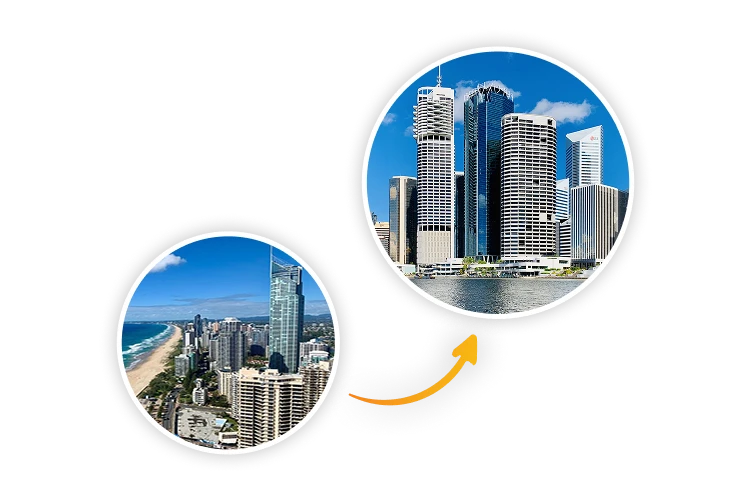 Illustration of freight route from Gold Coast to Brisbane, featuring city skyline photos of both locations with an arrow indicating transportation direction.