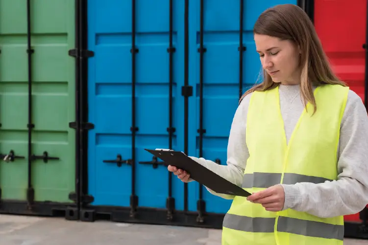 A logistics worker reviewing documents in front of shipping containers.
