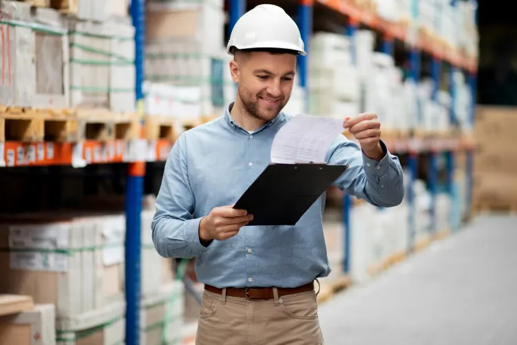  A smiling man wearing a white hard hat with tan pants stands in a warehouse, holding a black clipboard and looking at a sheet of paper. Shelves with stacked inventory are visible in the background.