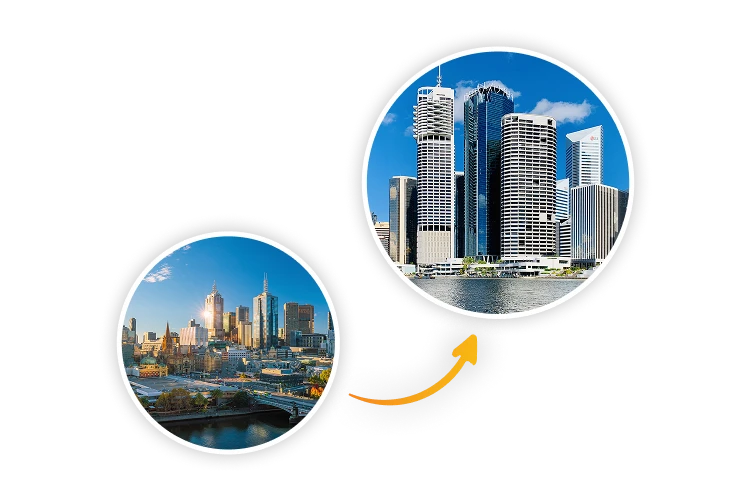 Two circular cityscapes, one of Melbourne and one of Brisbane, connected by an arrow, illustrating "Melbourne to Brisbane Freight Services.