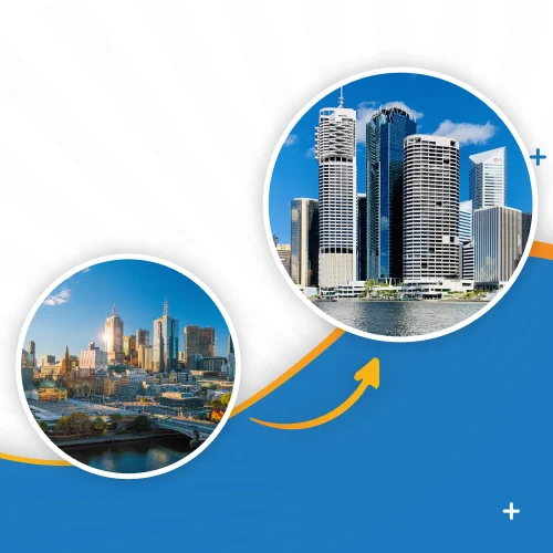 Cityscapes of Melbourne and Brisbane with an arrow, representing freight services.