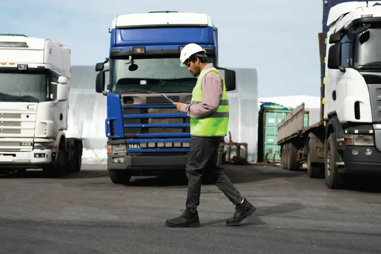 A logistics worker inspecting documents at a freight yard with trucks in the background, representing NSW freight solutions