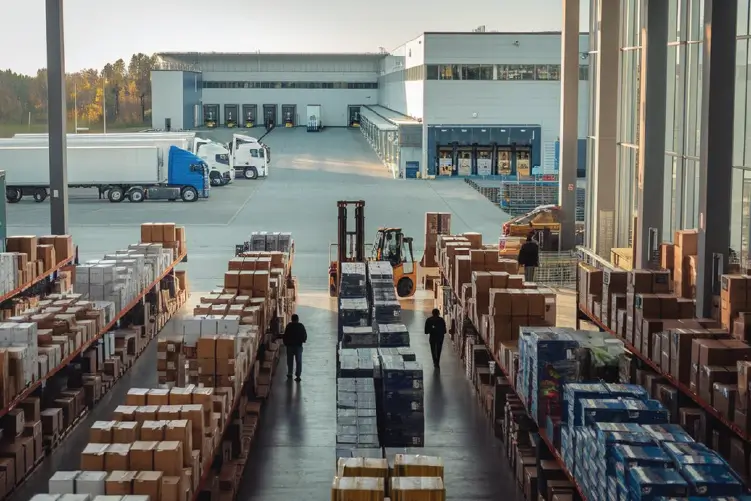 A well-organized warehouse with forklifts and workers managing freight, ensuring safe and secure handling for deliveries from Canberra to Sydney.