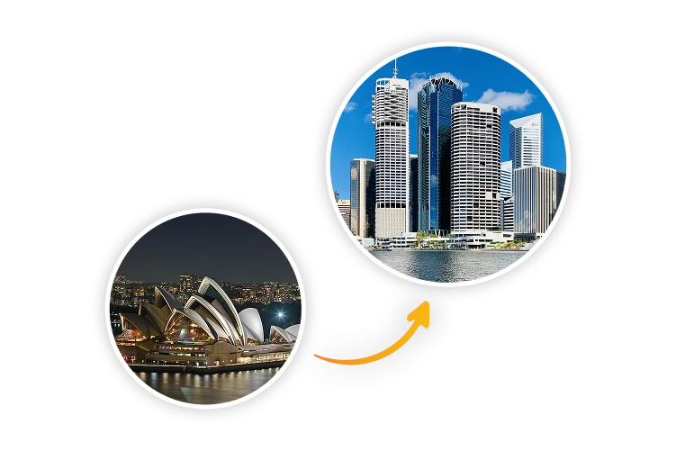 Sydney and Brisbane cityscapes with an arrow, representing freight services.