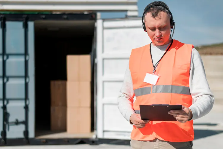 A person wearing a high-visibility vest stands beside a large blue container, bending down to check something on a clip board.