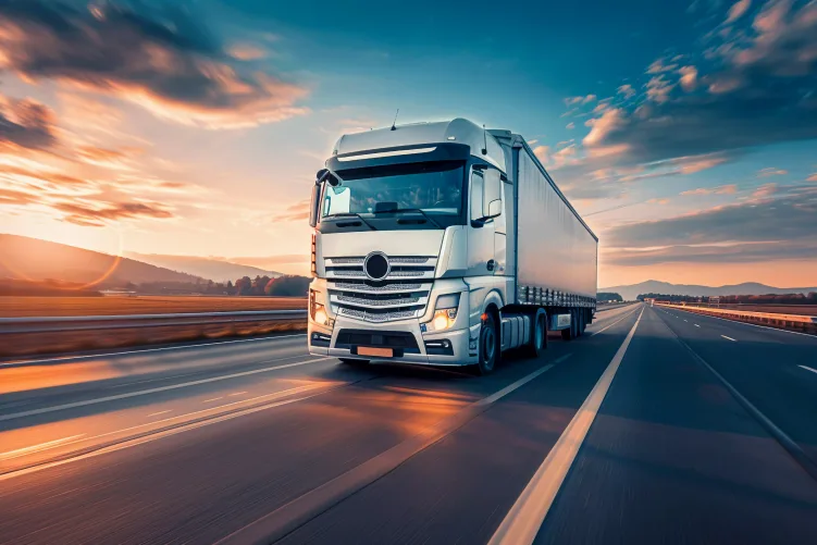 A large freight truck moving on an open road, capturing the golden hour lighting of a sunset with warm and cool colors in the sky and landscape.