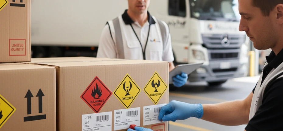 A logistics worker in blue gloves applies hazardous material diamond labels to cardboard boxes in a warehouse, while a colleague with a tablet and a white freight truck are visible in the background.
