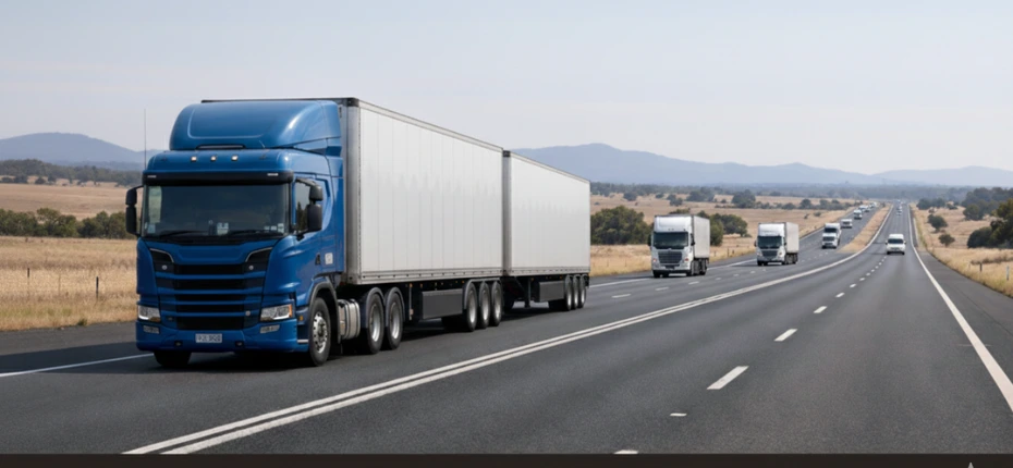 A blue b-double-truck with a white trailer driving along a wide interstate highway in rural Australia, followed by other freight trucks, with dry fields and distant hills under a clear sky.