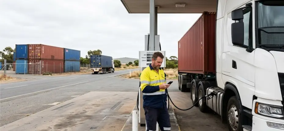 A truck driver in a high-visibility uniform while refueling a white truck. Multiple stacked shipping containers are visible in the background under a cloudy sky.