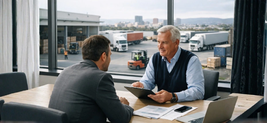 A senior logistics manager and a client discussing shipping documents at a desk in a modern office, overlooking a busy warehouse yard with forklifts and white freight trucks operating against a coastal city skyline.