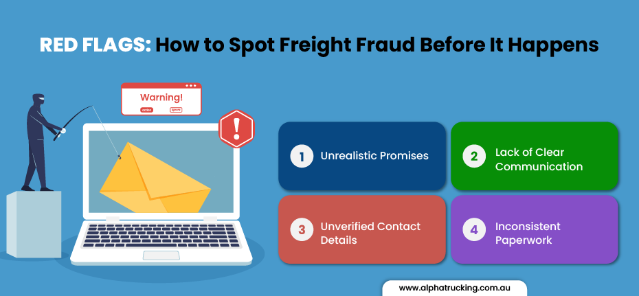 Infographic outlining four red flags for spotting freight fraud: unrealistic promises, lack of clear communication, unverified contact details, and inconsistent paperwork.