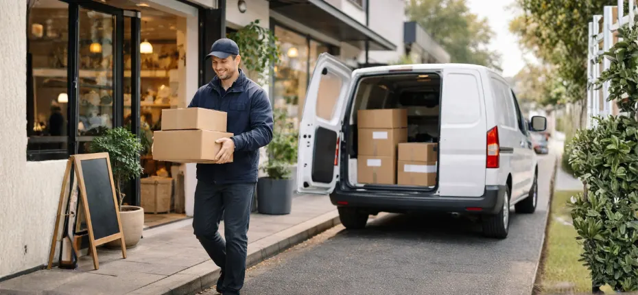 A male courier in a dark uniform carrying cardboard boxes enters a local shop from a sidewalk, with a white delivery van parked behind him and an urban residential street in the background.