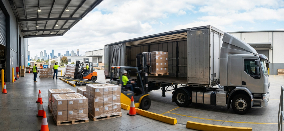 A view of a Melbourne freight distribution center where a forklift is loading cargo into a silver semi-trailer truck, with multiple pallets of goods staged on the dock.