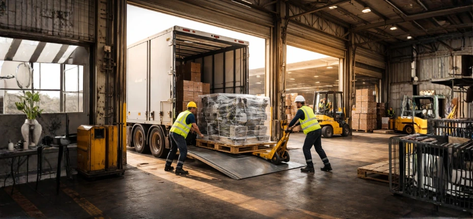 Two warehouse workers in high-visibility vests use pallet jacks to unload shrink-wrapped pallets from a tail lift truck inside a large industrial warehouse, with forklifts, stacked boxes, and open loading bays in the background.