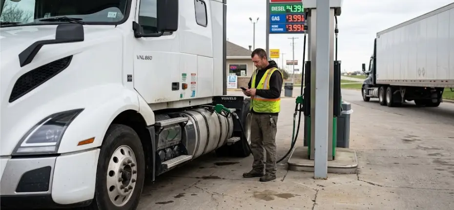 A truck driver in a high-visibility vest stands by a white semi-truck at a gas station, next to a sign displaying diesel and gas prices.