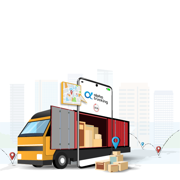 A smartphone showing a map with a delivery truck and boxes, illustrating efficient general freight solutions from Alpha Trucking