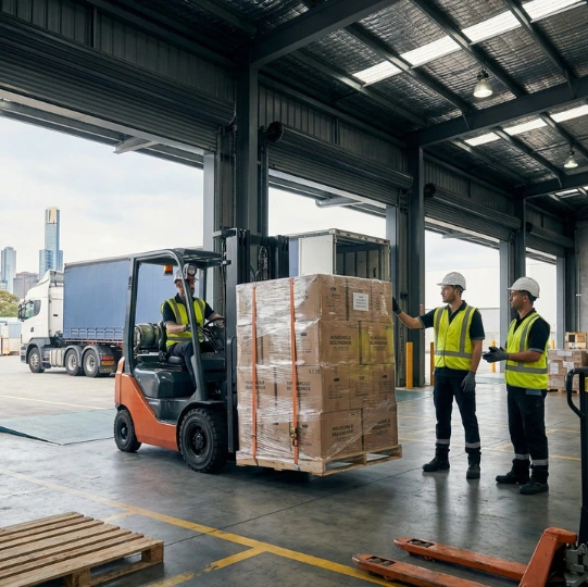 An forklift operator lifts a pallet of boxes in a spacious Melbourne warehouse while two logistics staff in safety vests observe the distribution process.
