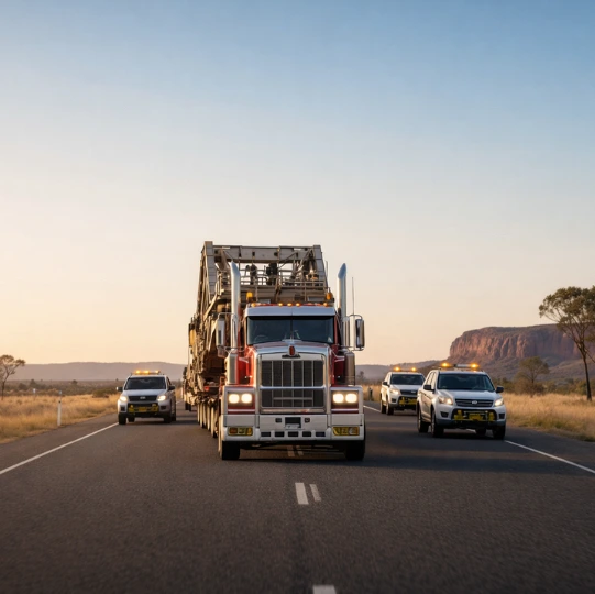 A heavy-duty truck transporting an oversized industrial load drives along an Australian outback highway at dusk, escorted by pilot vehicles with flashing amber lights and rugged desert landsc